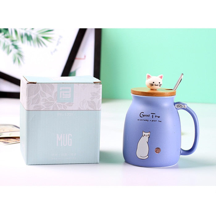 450ml Cartoon Ceramics Cat Mug With Lid and Spoon Coffee Milk Tea Mugs Breakfast Cup Drinkware Novelty Gifts