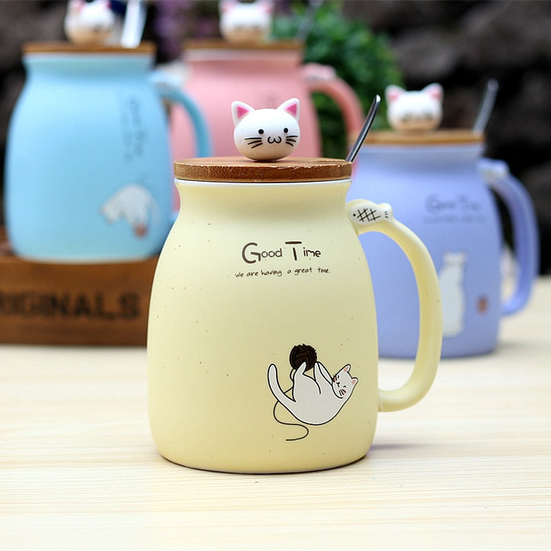 450ml Cartoon Ceramics Cat Mug With Lid and Spoon Coffee Milk Tea Mugs Breakfast Cup Drinkware Novelty Gifts