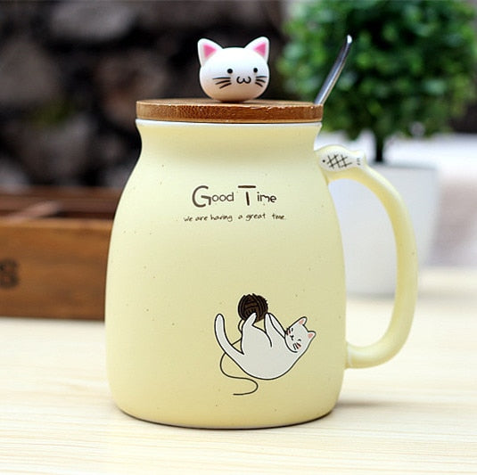 450ml Cartoon Ceramics Cat Mug With Lid and Spoon Coffee Milk Tea Mugs Breakfast Cup Drinkware Novelty Gifts