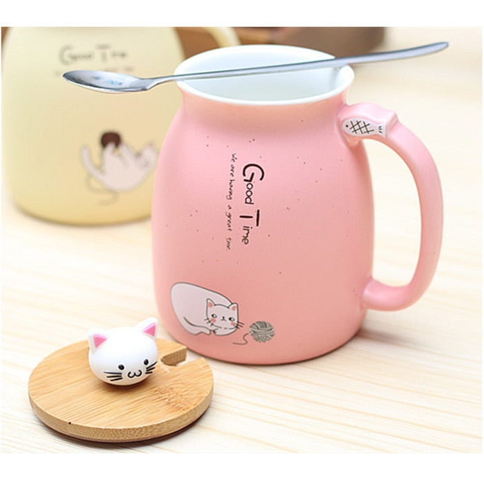 450ml Cartoon Ceramics Cat Mug With Lid and Spoon Coffee Milk Tea Mugs Breakfast Cup Drinkware Novelty Gifts