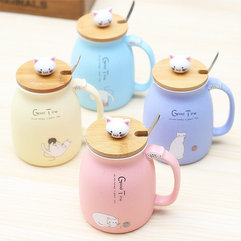 450ml Cartoon Ceramics Cat Mug With Lid and Spoon Coffee Milk Tea Mugs Breakfast Cup Drinkware Novelty Gifts